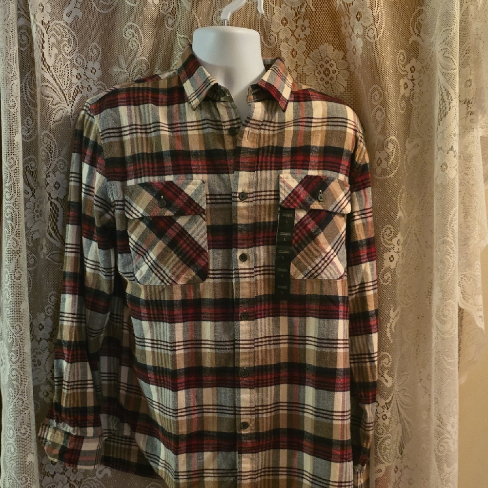 New Banana Republic Plaid Shirt Mens Size L Red, Black,‎ Cream